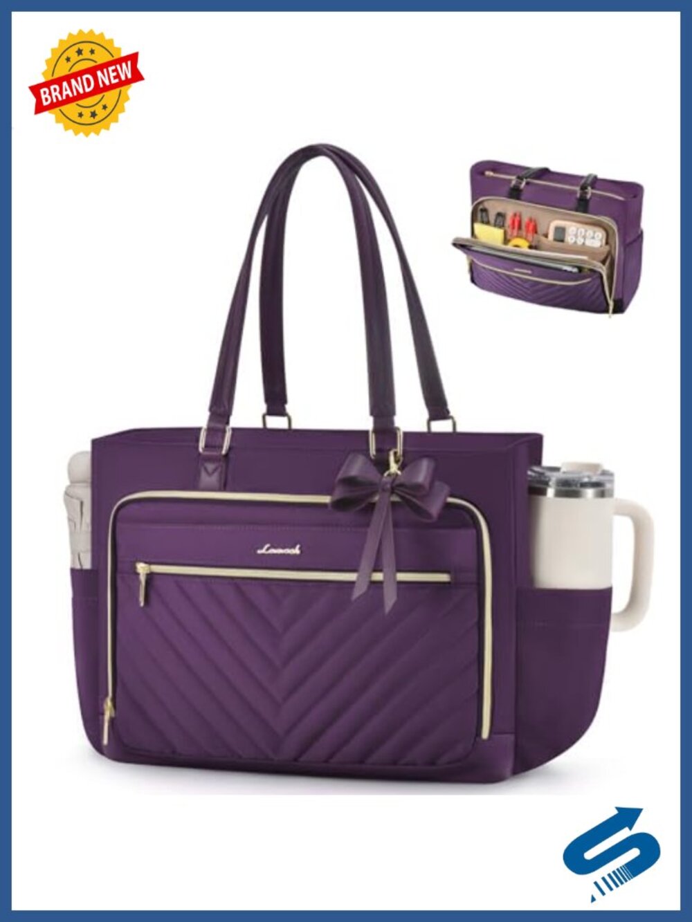 Quilted Laptop Tote Bag 15.6", Padded, Cup Holder, Work Travel